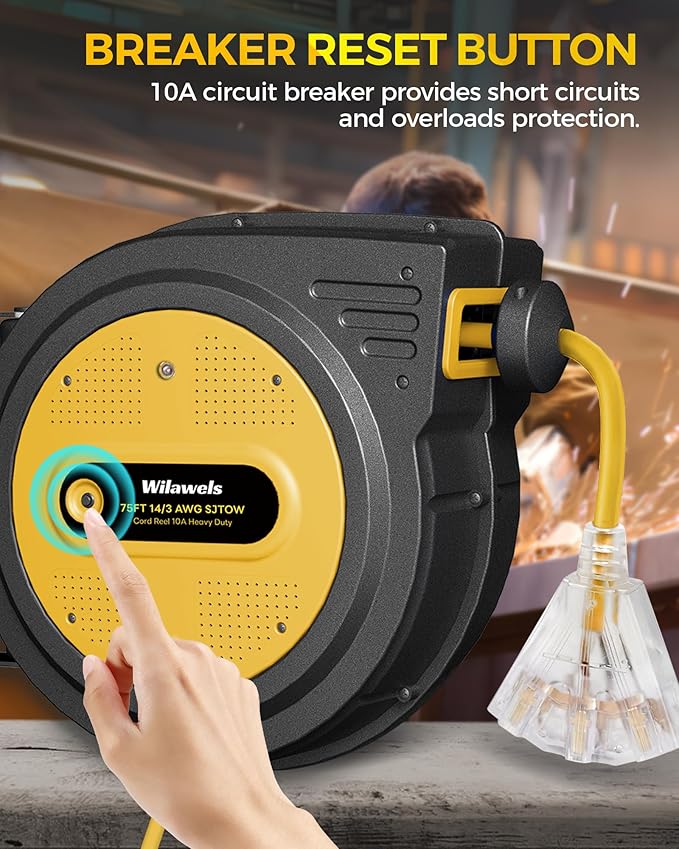 75 FT Retractable Extension Cord Reel, Heavy Duty Power Cord, 14AWG/3C SJTOW - Image 5