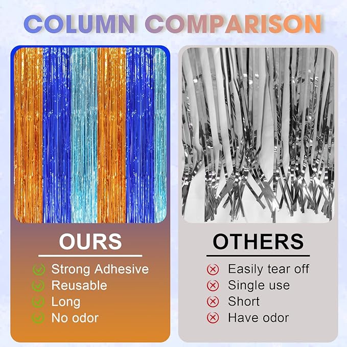 3 Pack 3.3 x 8.2 ft Blue Orange Foil Fringe Backdrop Curtains, Tinsel Streamers - Image 3