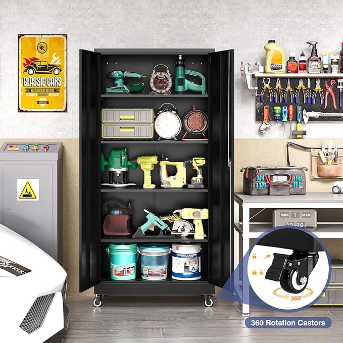 Metal Storage Cabinet with Wheels, Tall Garage Storage Cabinet with 4 - Image 3