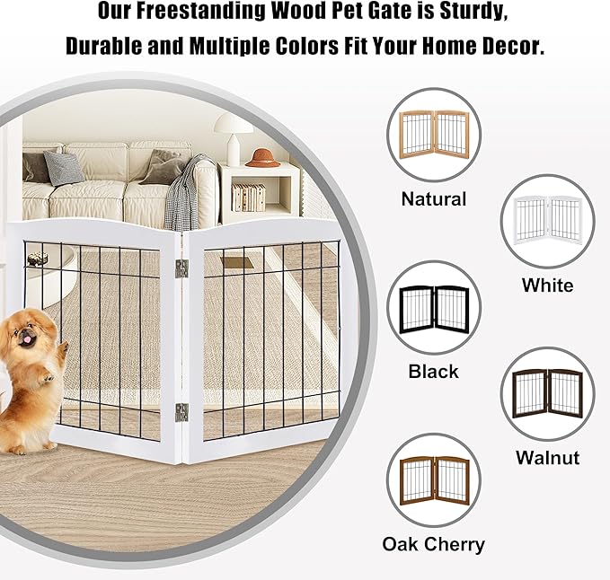 LZRS 2-Panel Freestanding Foldable Wood Dog Gate – Solid Wood & Steel Wire - Image 4