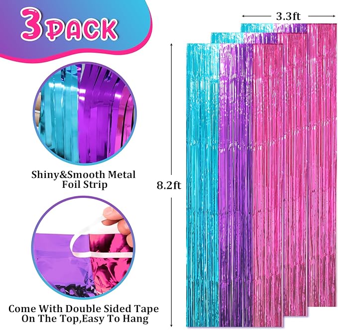 3 Pack 3.3 x 8.2 ft Blue Purple Pink Foil Fringe Backdrop Curtains, Tinsel - Image 2