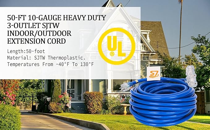 50ft 10-Gauge Heavy Duty 3-Outlet Indoor/Outdoor Extension Cord, Grounded - Image 5