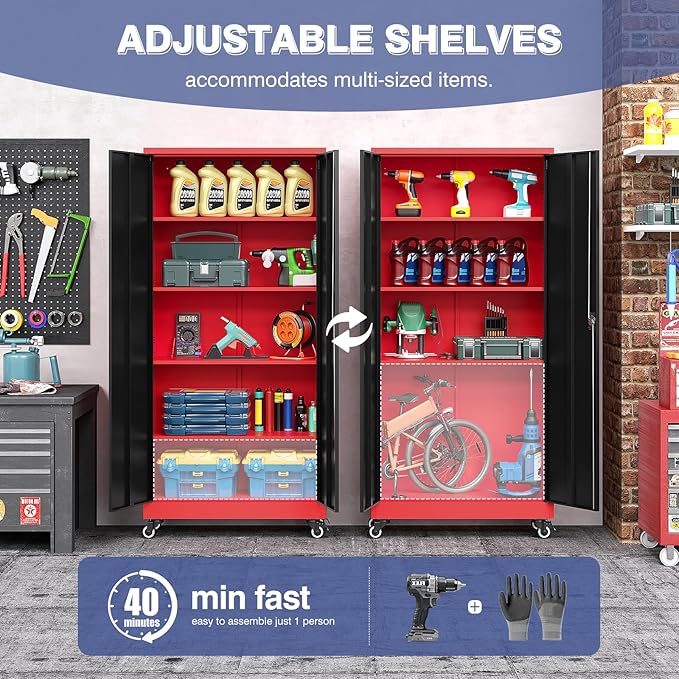 Metal Storage Cabinet with Wheels, Tall Garage Storage Cabinet with 4 - Image 4