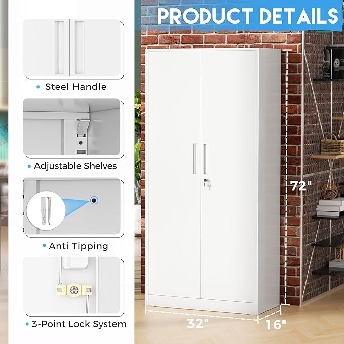 Greenvelly White Metal Storage Cabinet, Tall Tool Storage - Image 3
