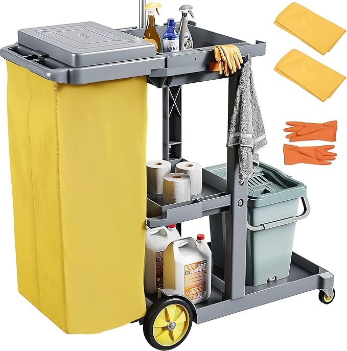 DWVO Janitorial Cart on Wheels, Cleaning Carts, Housekeeping Cart, 3 Shelf by DWVO