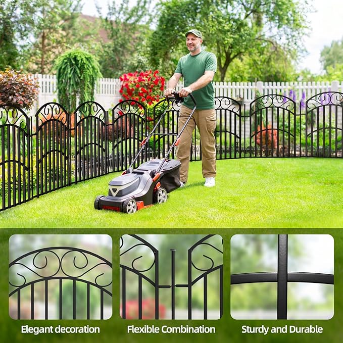 5 Panels 32in Decorative Garden Fence, Total 11ft L Heavy Duty Iron Metal No - Image 5