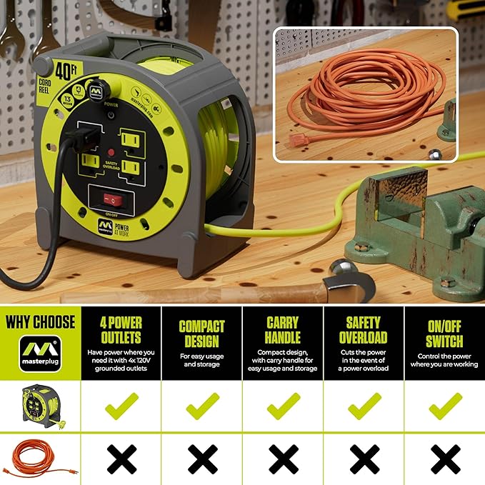 Masterplug 40ft Case Cord Reel, Retractable Extension Lead - Image 5