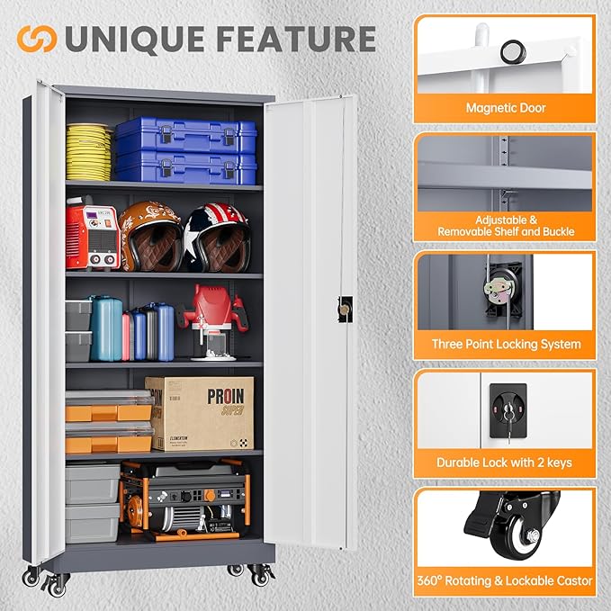 Garage Cabinet with Wheels and Adjustable Shelves, Metal Garage Storage - Image 7