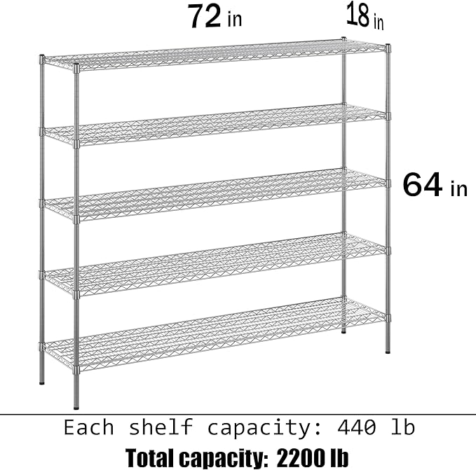 18" Deep x 72" Wide x 74" Height Wire Shelving Kit | 5-Tier | NSF Commercial - Image 3