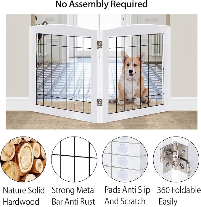 LZRS 2-Panel Freestanding Foldable Wood Dog Gate – Solid Wood & Steel Wire - Image 3