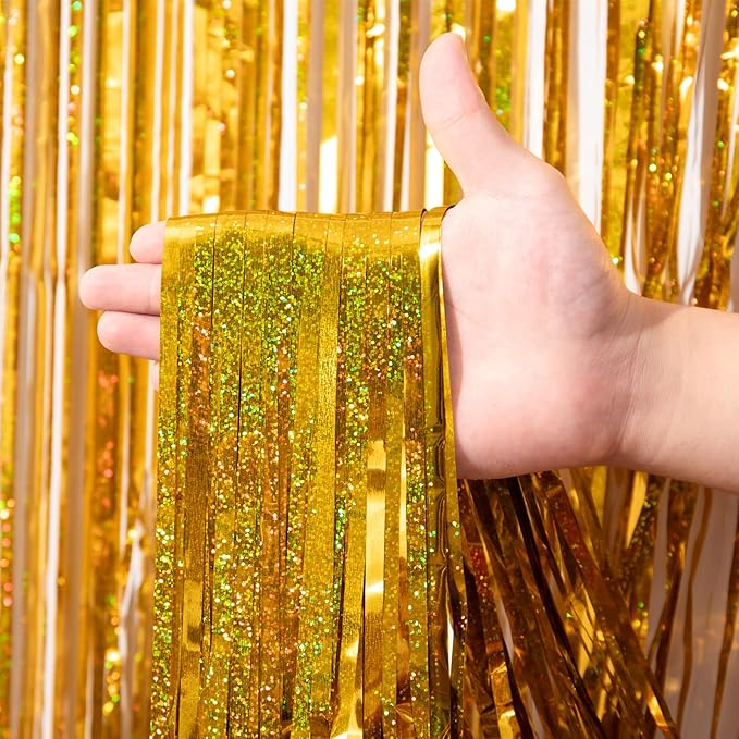 3 Pack 3.3 x 8.2 ft Laser Gold Foil Fringe Backdrop Curtains, Tinsel Streamers - Image 2