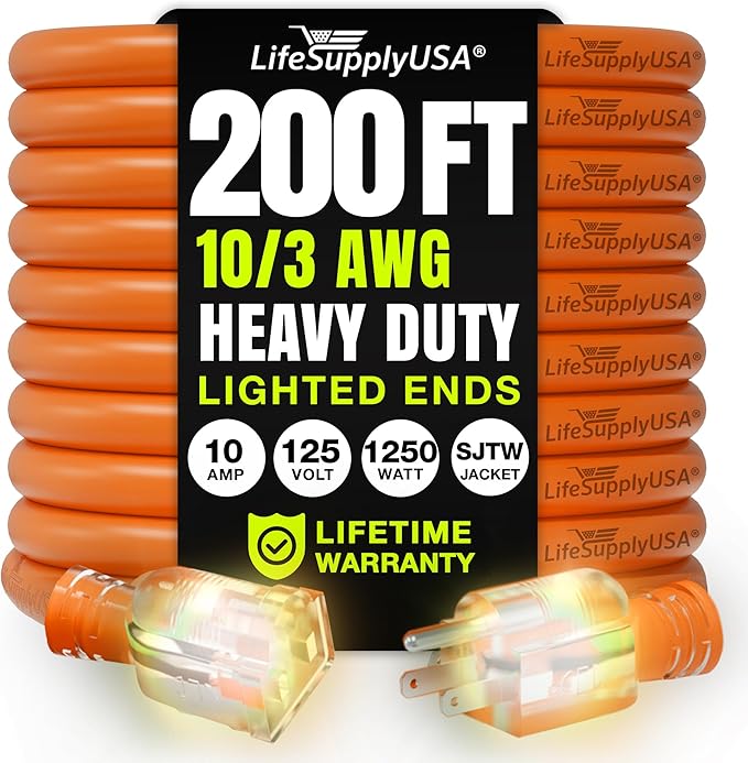 200ft Outdoor/Indoor Extension Cord 10/3 Gauge Ultra Heavy Duty 3 Prong SJTW by LifeSupplyUSA
