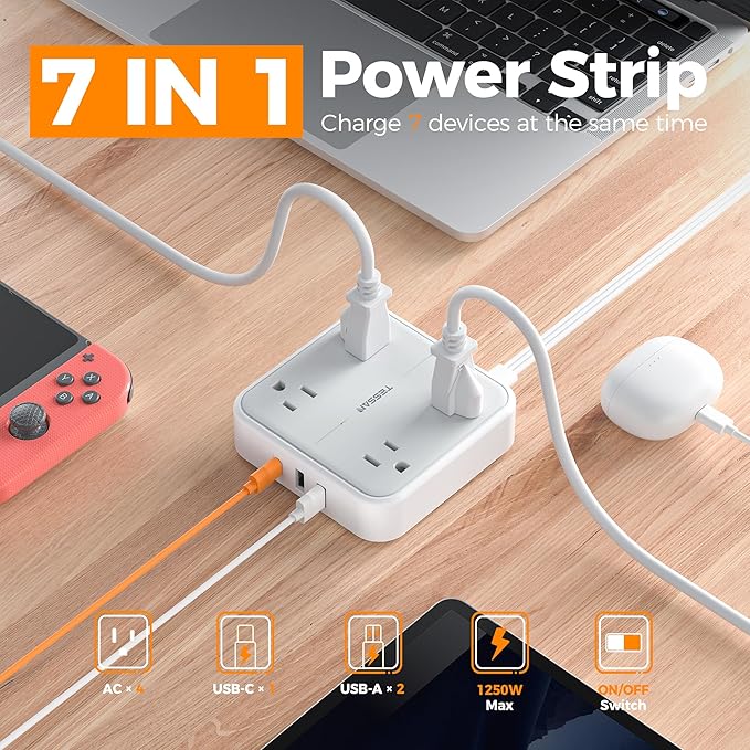 Flat Plug Extension Cord 5 Ft, TESSAN Surge Protector Power Strip Ring Pull - Image 3