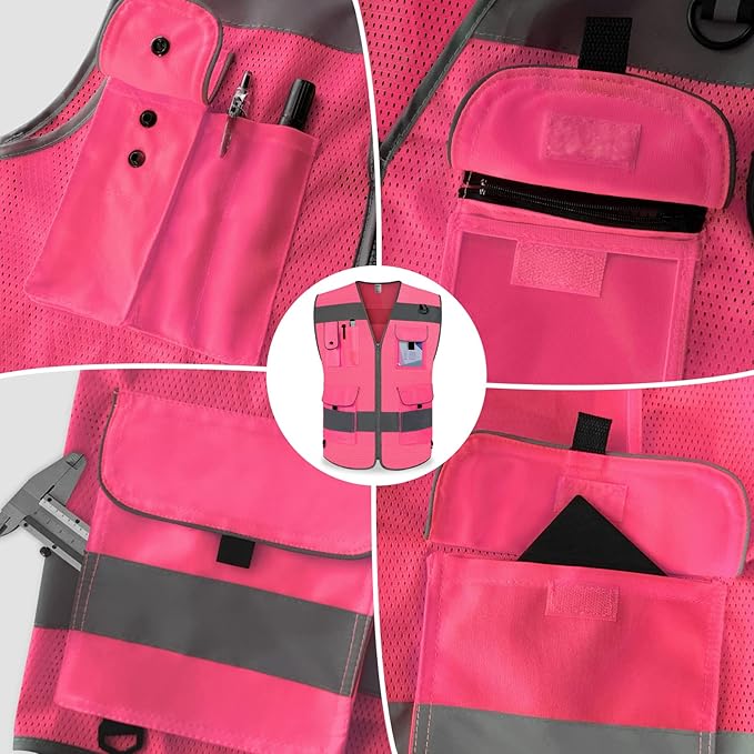 TCCFCCT Mesh Pink Safety Vest for Men Women 9 Pockets High Visibility - Image 4