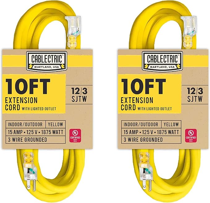 2 Pack 12 Gauge Outdoor Extension Cord 10 ft, 12/3 Heavy Duty Extension Cord 3 by Cablectric