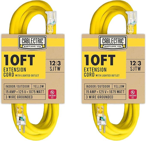 2 Pack 12 Gauge Outdoor Extension Cord 10 ft, 12/3 Heavy Duty Extension Cord 3 by Cablectric