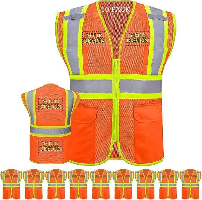 Custom Safety Vest with Logo Pockets High Visibility Reflective Vests by CustomTok