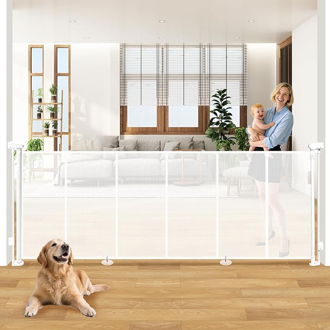 120" Extra Wide Retractable Baby Gates Dog Gate, Long Mesh Gate Pet Gate by Pravoluxmax
