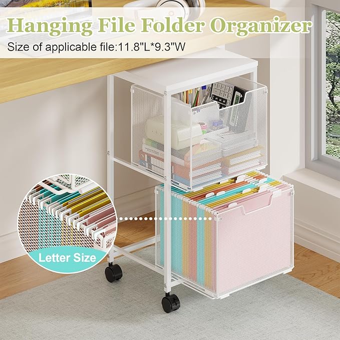 Rolling File Cart with 2 Storage Drawers, Under Desk Storage Cart, Hanging File - Image 4