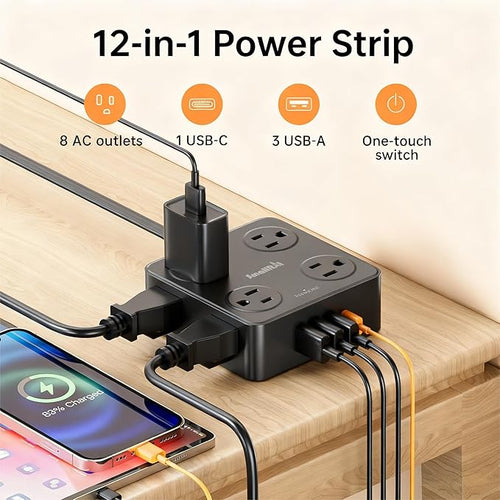 10Ft Power Strip with Surge Protector, 8 Outlets 4 USB Ports Extension Cord - Image 2