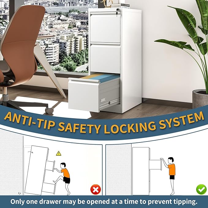 3 Drawer File Cabinet with Lock, Vertical Filing Cabinets - Image 5