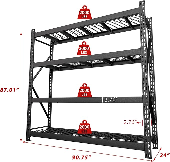 8000LBS 91 "W x 24 "D x 87 "H Storage Shelves, 4-Tier Adjustable Metal Shelving - Image 3