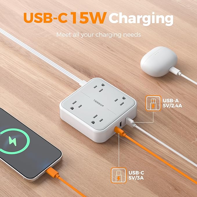 Flat Plug Extension Cord 5 Ft, TESSAN Surge Protector Power Strip Ring Pull - Image 4