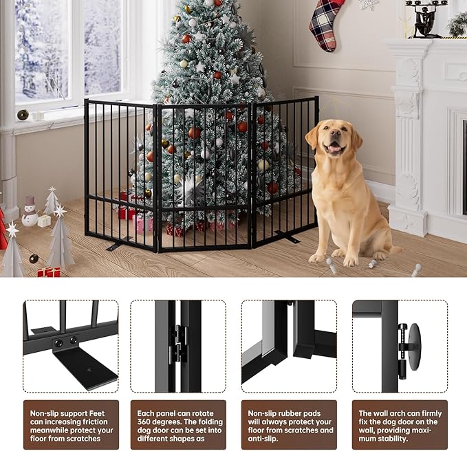 3 Panels Full Metal Freestanding Dog Gates, 60” W x 32” H Folding Pet Gate Fence - Image 5