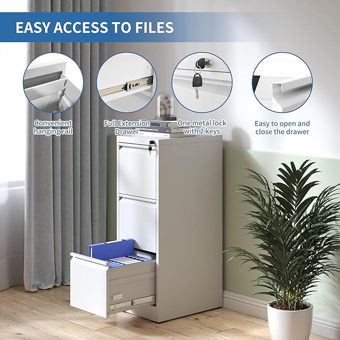 3 Drawer File Cabinet with Lock, Metal Vertical Filing Cabinets - Image 4