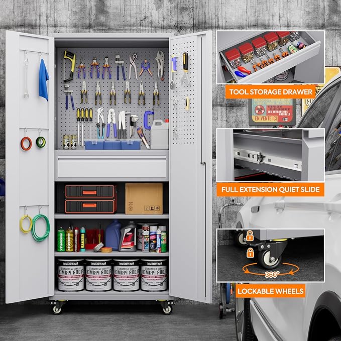 Metal Storage Cabinet with Drawers, Locking Garage Tool Cabinets on Wheels with - Image 5