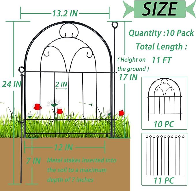 Garden Fence, 11ft X 21in 10 Pack Rustproof Metal No Dig Fence Panels, Garden - Image 2