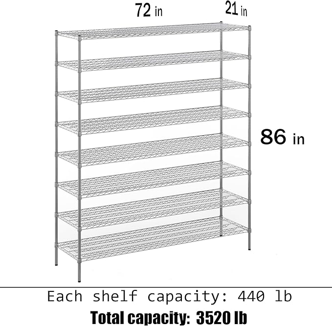 21" Deep x 72" Wide x 86" Height Wire Shelving Kit | 8-Tier | NSF Commercial - Image 3