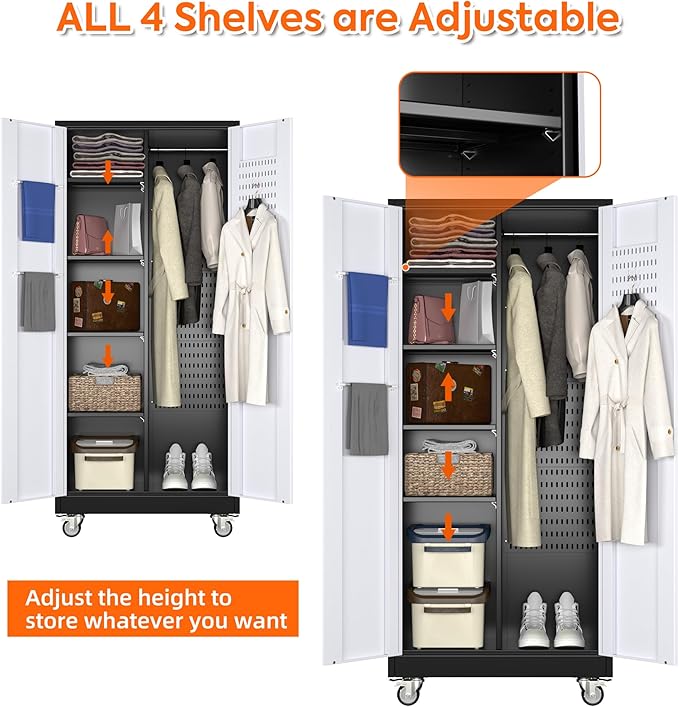 Aobabo Metal Broom Closet Storage Cabinet on Wheels and 2 Lockable Doors - Image 5