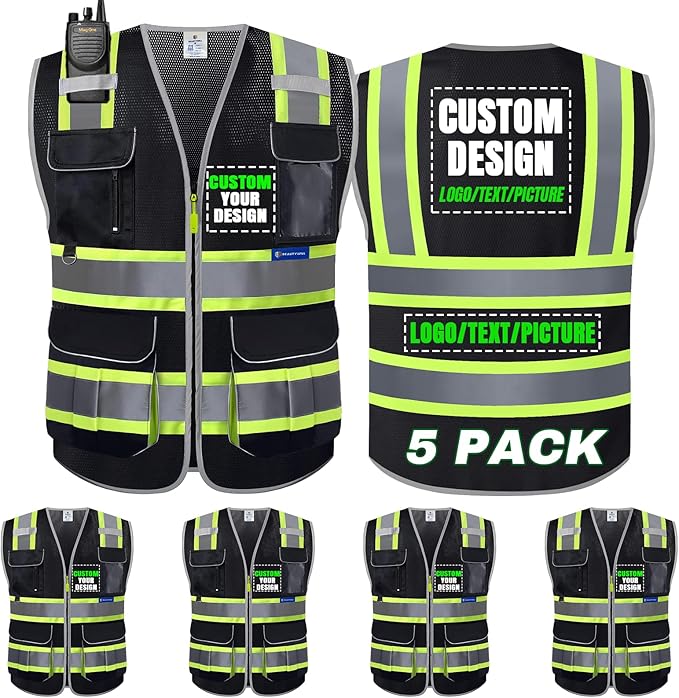 BeautyWill 5 Pack Safety Vest Class2 ANSI Certified Custom Logo High Visibility by BeautyWill