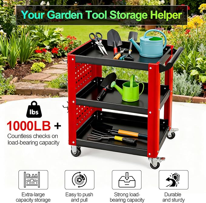 3 Tier Rolling Tool Cart, Mechanic Tool Cart on Wheels, Mechanic Storage - Image 6