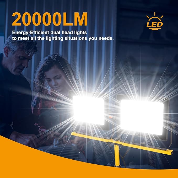20000 Lumen Work Lights with Stand, 200W Dual Head LED Work Light, Waterproof - Image 5