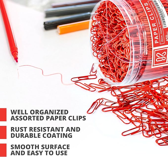 450 Red Color Paper Clips Assorted Sizes Small, Medium and Large Paper Clips - Image 3