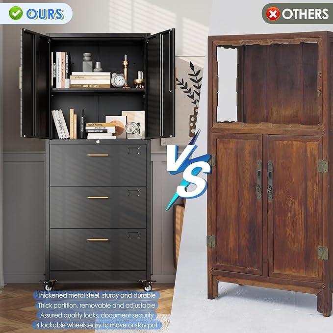 METAN Metal File Cabinet with 3 Drawers and 1 Shelves, Office Filing Cabinet on - Image 8