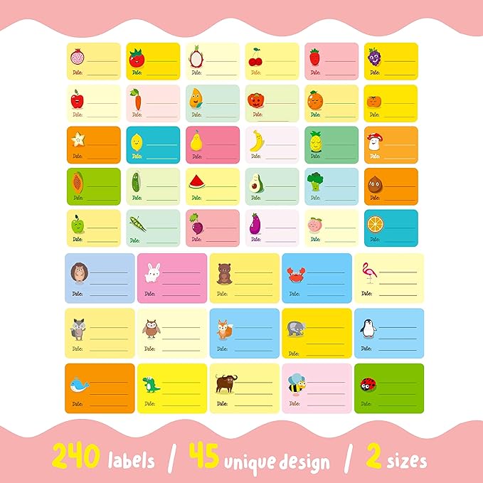 240 PCS Baby Food Labels Set in 2 Sizes and 45 Designs Water Resistant - Image 2