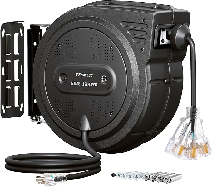 SURAIELEC 12 Gauge Extension Cord Reel, 60 FT Retractable Extension Cord by SURAIELEC