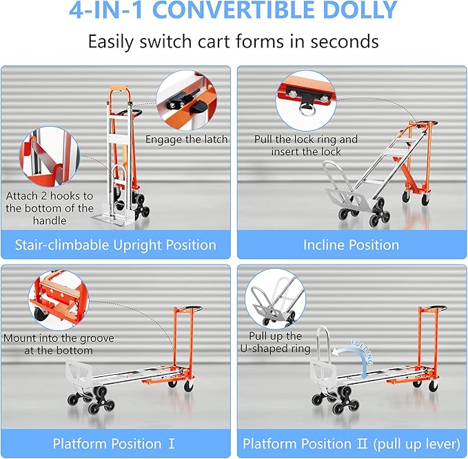 4 in 1 Industrial Convertible Stair Climbing Cart 1000 LBS Capacity, Heavy Duty - Image 3