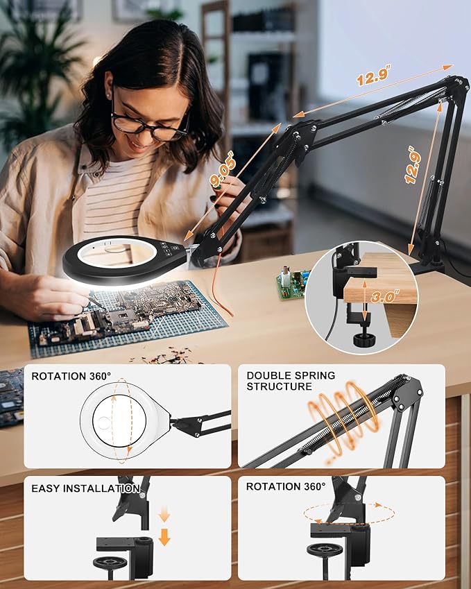 10X & 5X Magnifying Glass with Light, Ultra Long Swing Arm, 5 Colors & 10 - Image 6