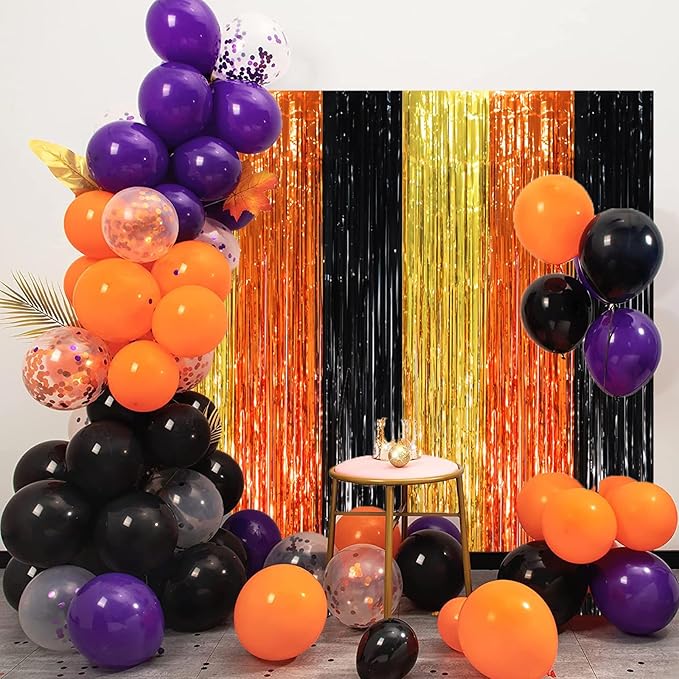 3 Pack 3.3 x 8.2 ft Black Gold Orange Foil Fringe Backdrop Curtains, Tinsel - Image 5