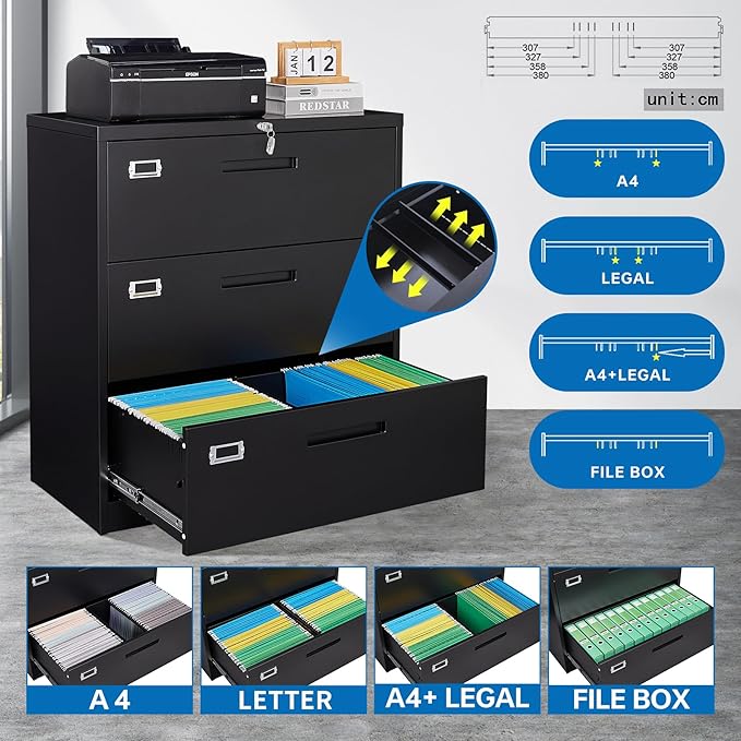 Lateral File Cabinet with Lock, Metal Filing Cabinet with 3 Drawer, Steel - Image 5