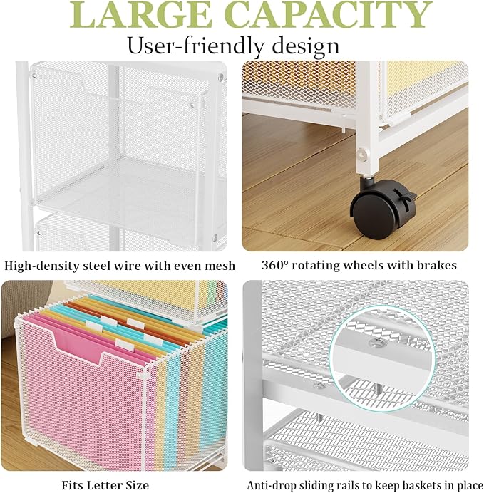 Rolling File Cart with 2 Storage Drawers, Under Desk Storage Cart, Hanging File - Image 6