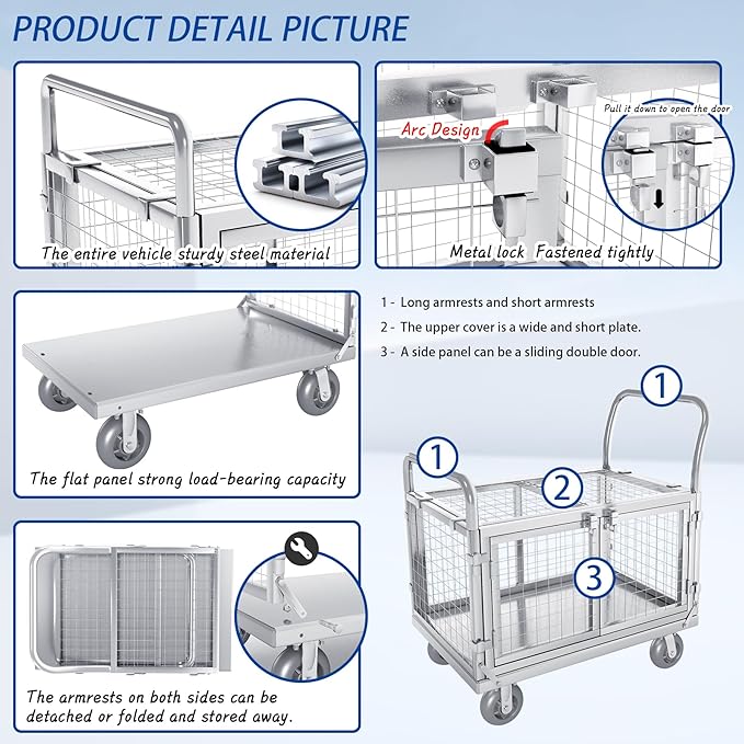 Upgrade Platform Truck with Cage, Mutipurpose 7-in-1 Heavy-Duty Utility Cart - Image 4