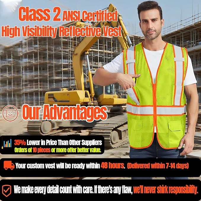 BeautyWill Custom Safety Vest Customized Logo Class 2 High Visibility - Image 2
