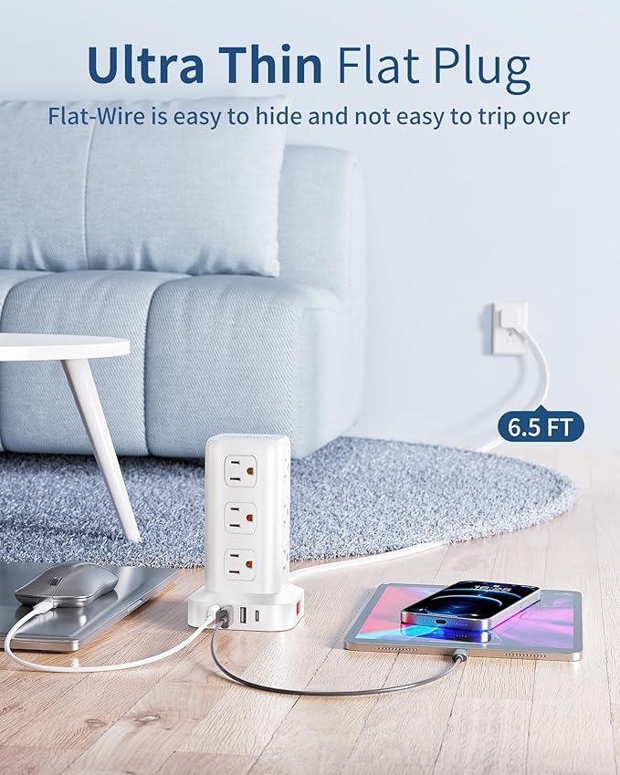 Power Strip Tower, 6.5 Ft Flat Plug Extension Cord, 16 IN 1 Power Bars - Image 5