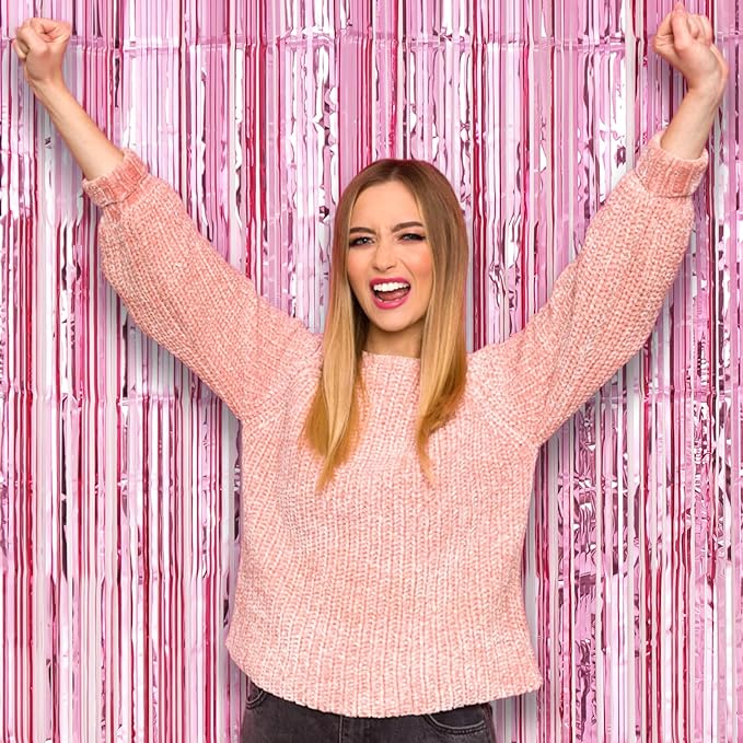 3 Pack 3.3 x 8.2 ft Light Pink Foil Fringe Backdrop Curtains, Tinsel Streamers - Image 7