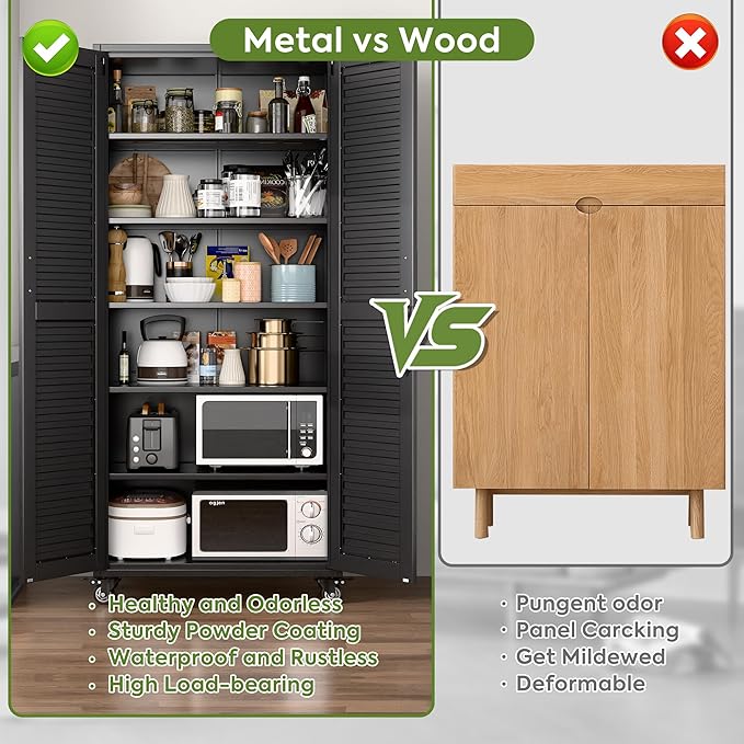 Garage Storage Cabinet with Wheels & Pegboard, Lockable Metal Storage Cabinet - Image 5